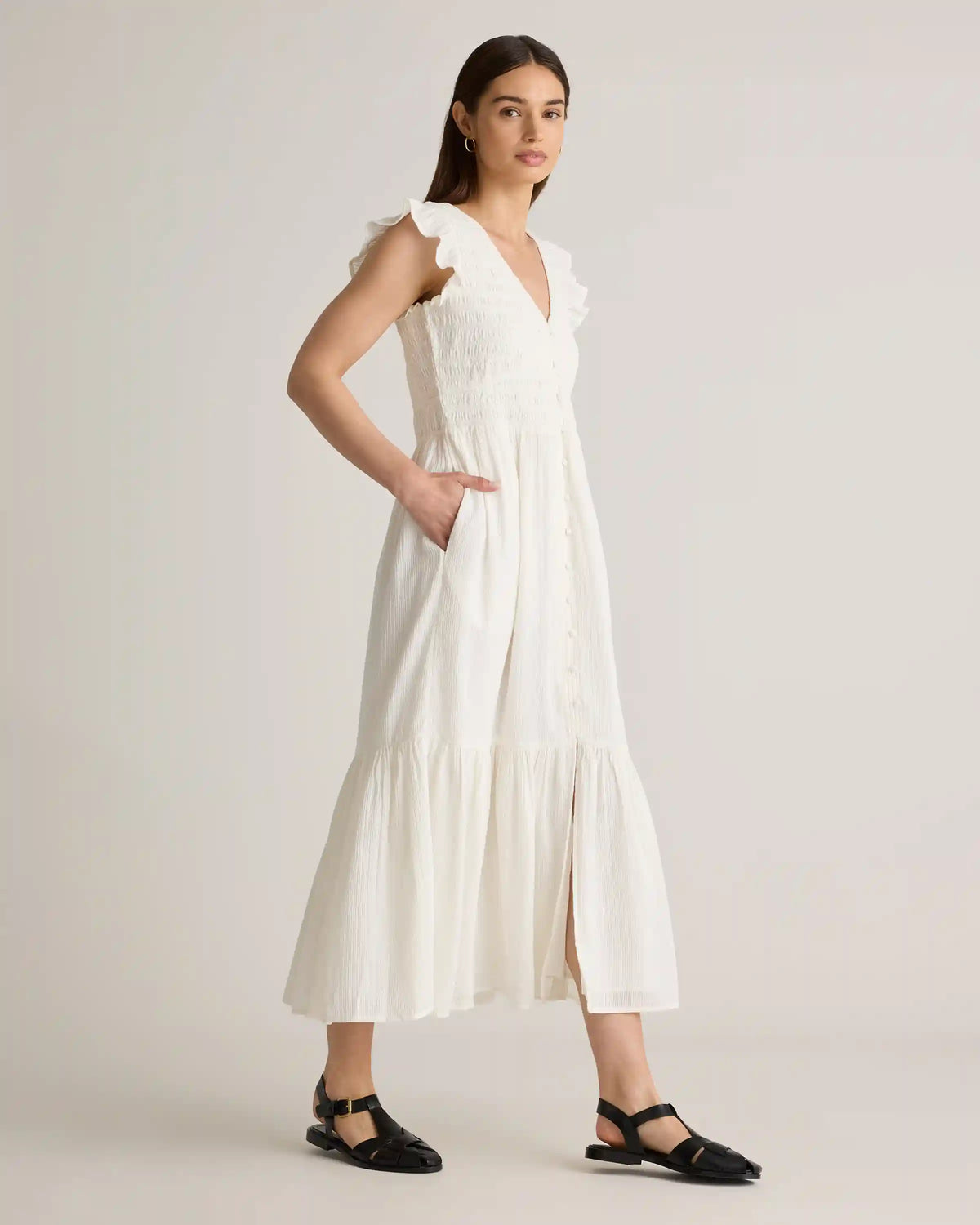 Organic Textured Cotton Smocked V-Neck Midi Dress