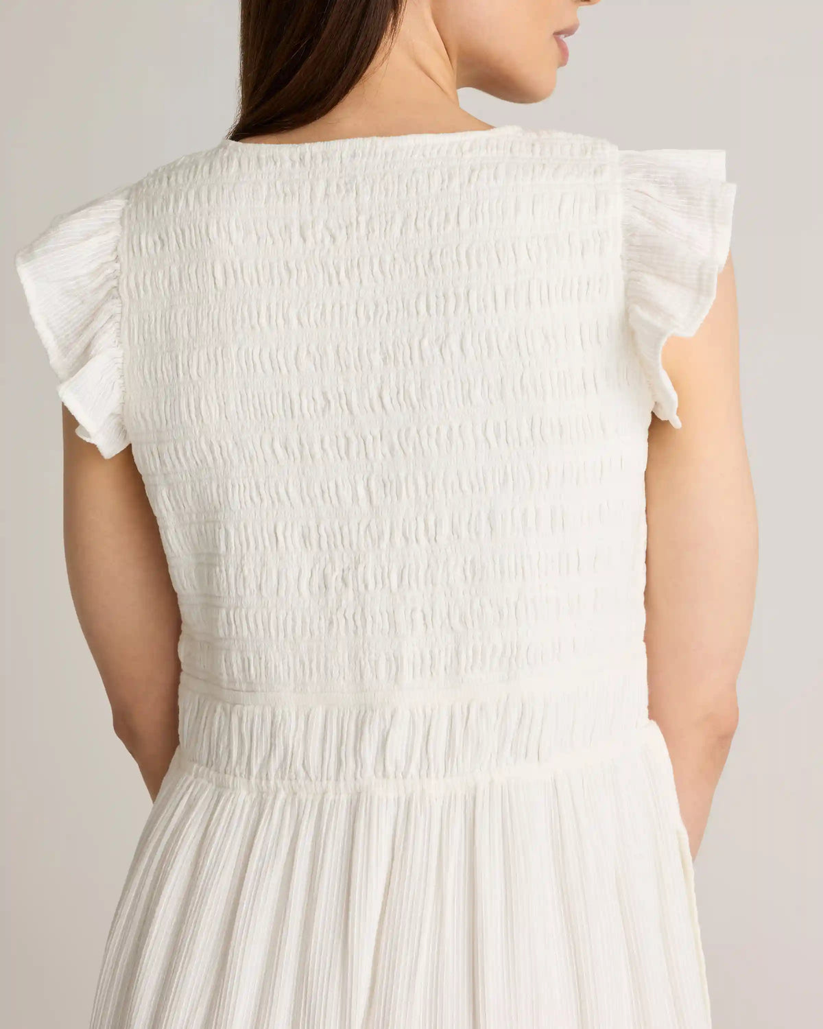 Organic Textured Cotton Smocked V-Neck Midi Dress