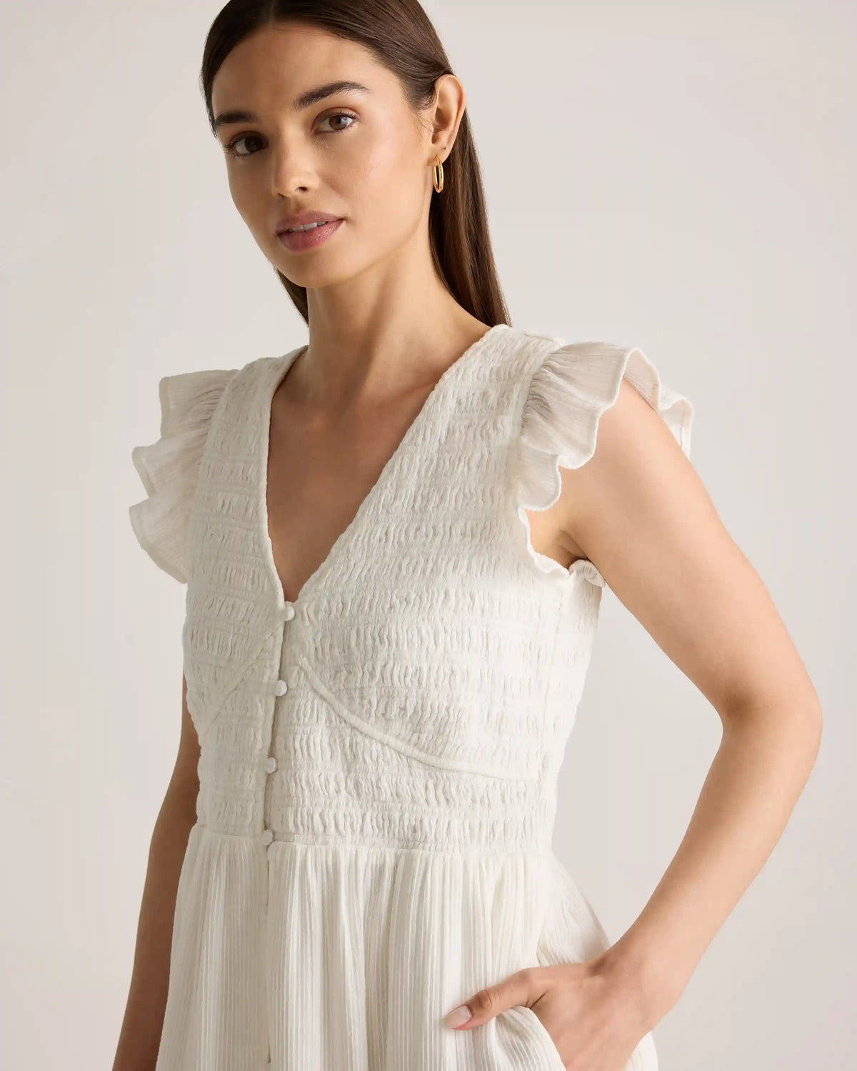 Organic Textured Cotton Smocked V-Neck Midi Dress