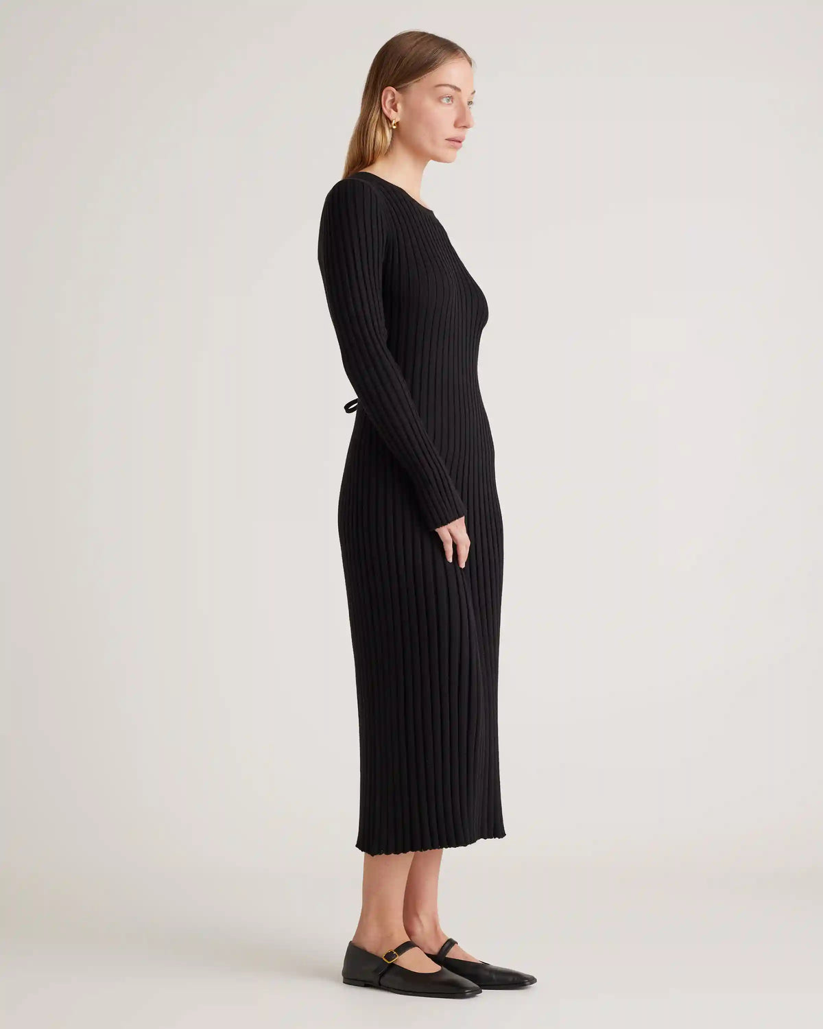 Cotton Cashmere Ribbed Long Sleeve Crew Midi Dress