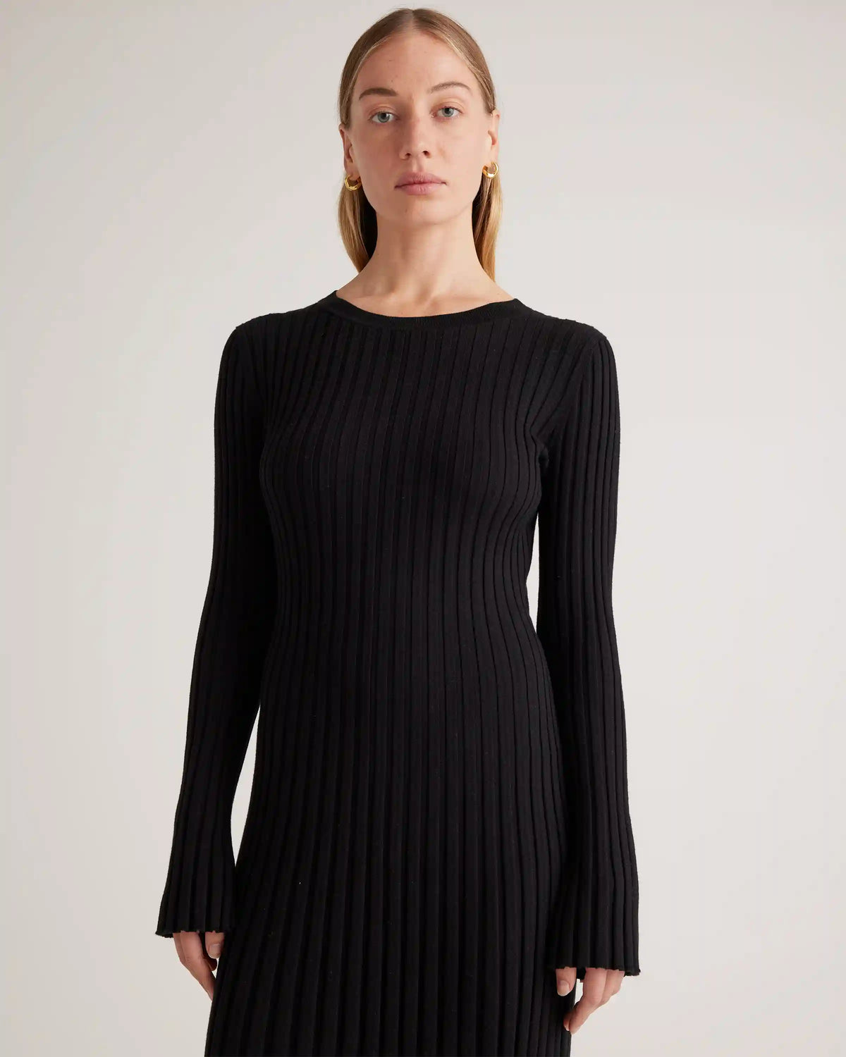 Cotton Cashmere Ribbed Long Sleeve Crew Midi Dress