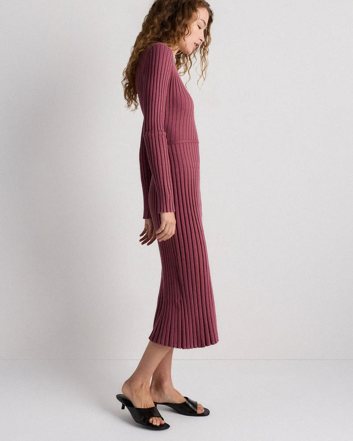 Cotton Cashmere Ribbed Long Sleeve Crew Midi Dress