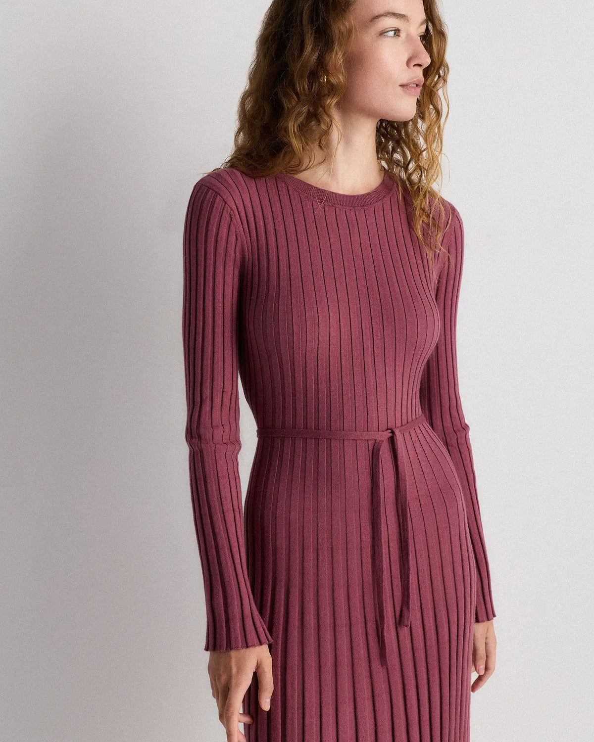 Cotton Cashmere Ribbed Long Sleeve Crew Midi Dress