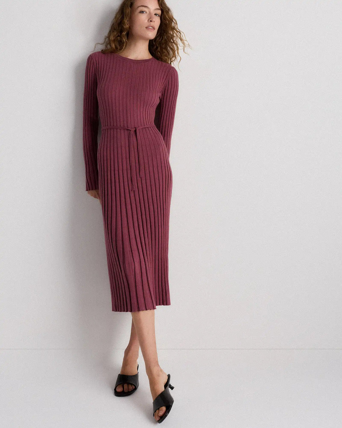 Cotton Cashmere Ribbed Long Sleeve Crew Midi Dress