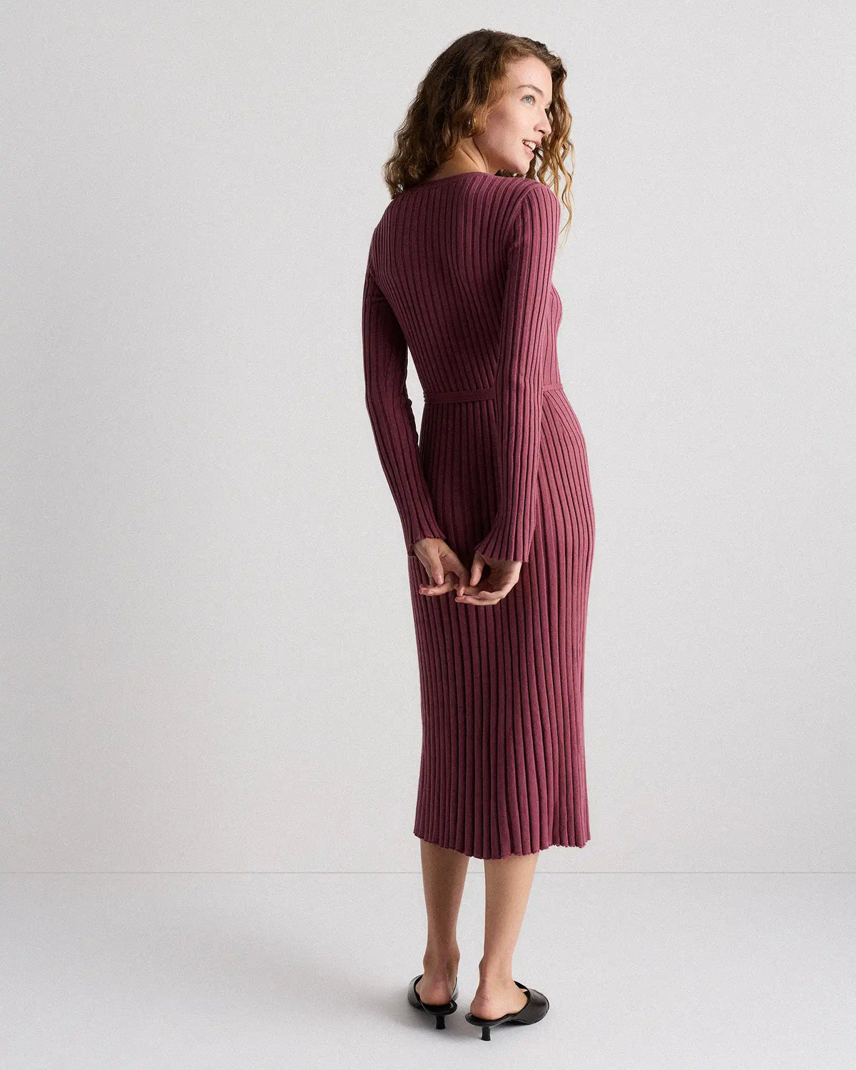 Cotton Cashmere Ribbed Long Sleeve Crew Midi Dress