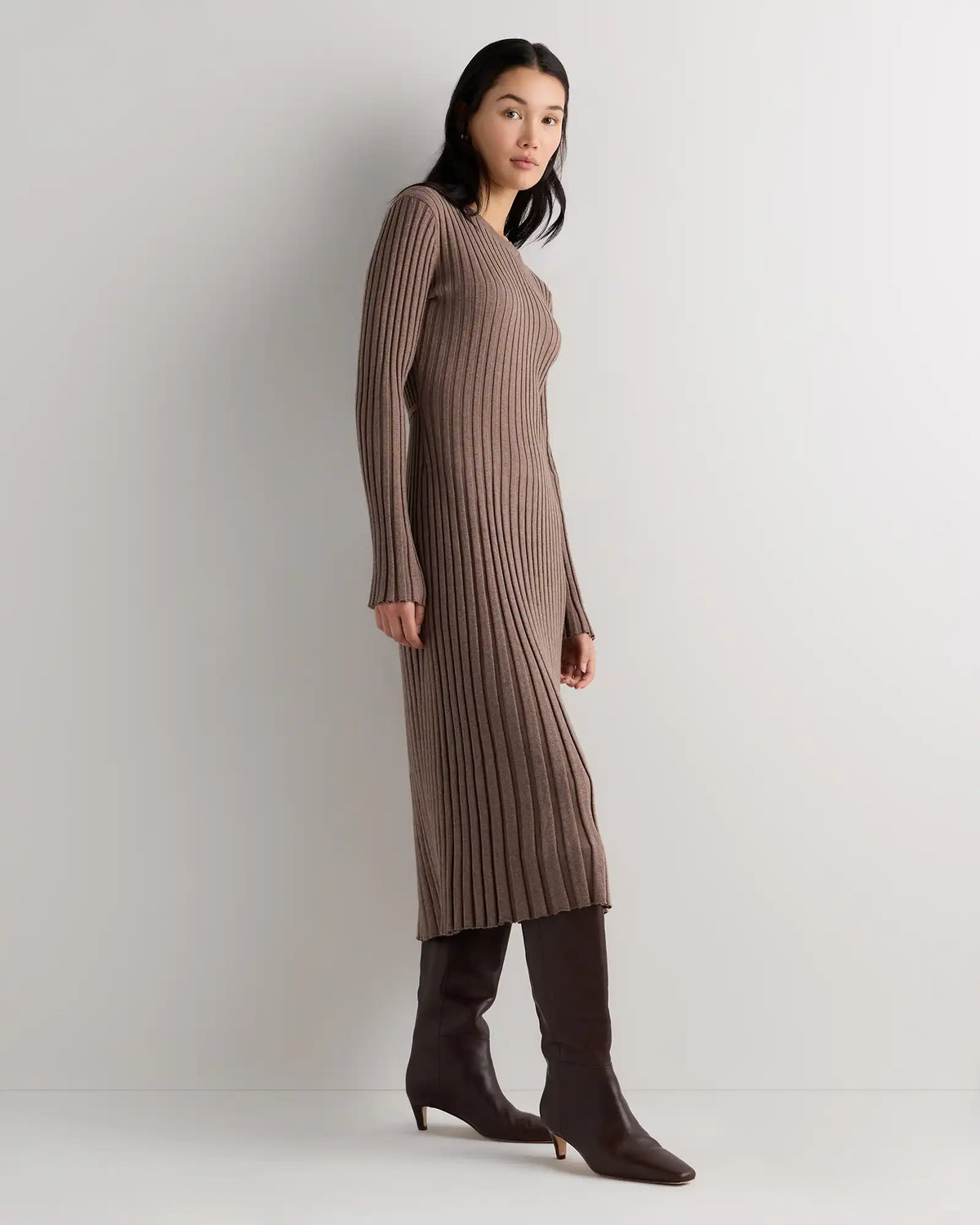 Cotton Cashmere Ribbed Long Sleeve Crew Midi Dress