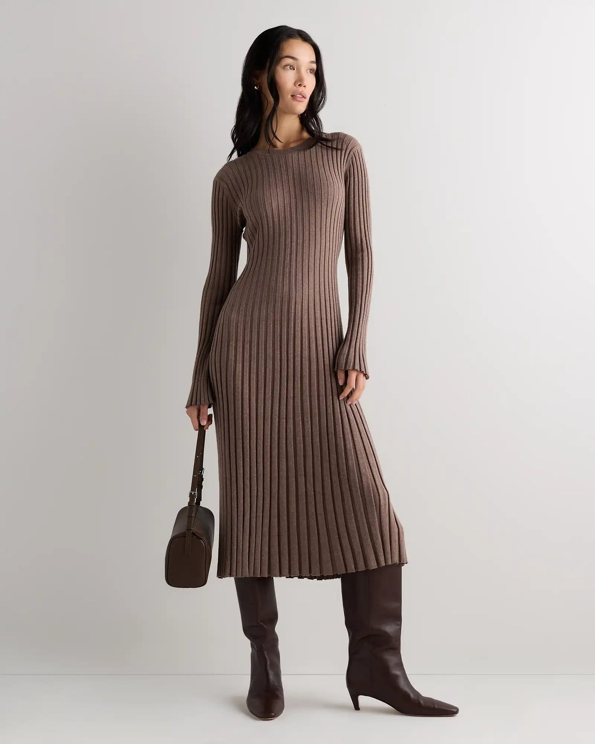 Cotton Cashmere Ribbed Long Sleeve Crew Midi Dress