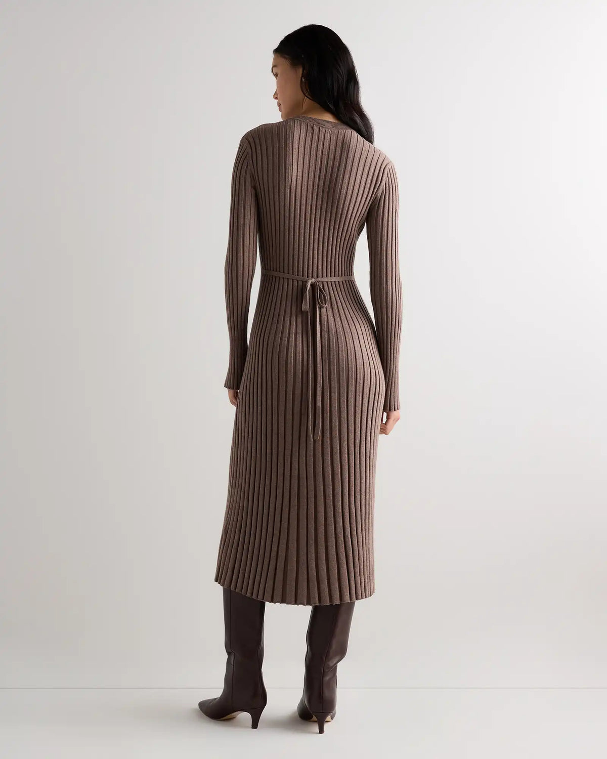 Cotton Cashmere Ribbed Long Sleeve Crew Midi Dress