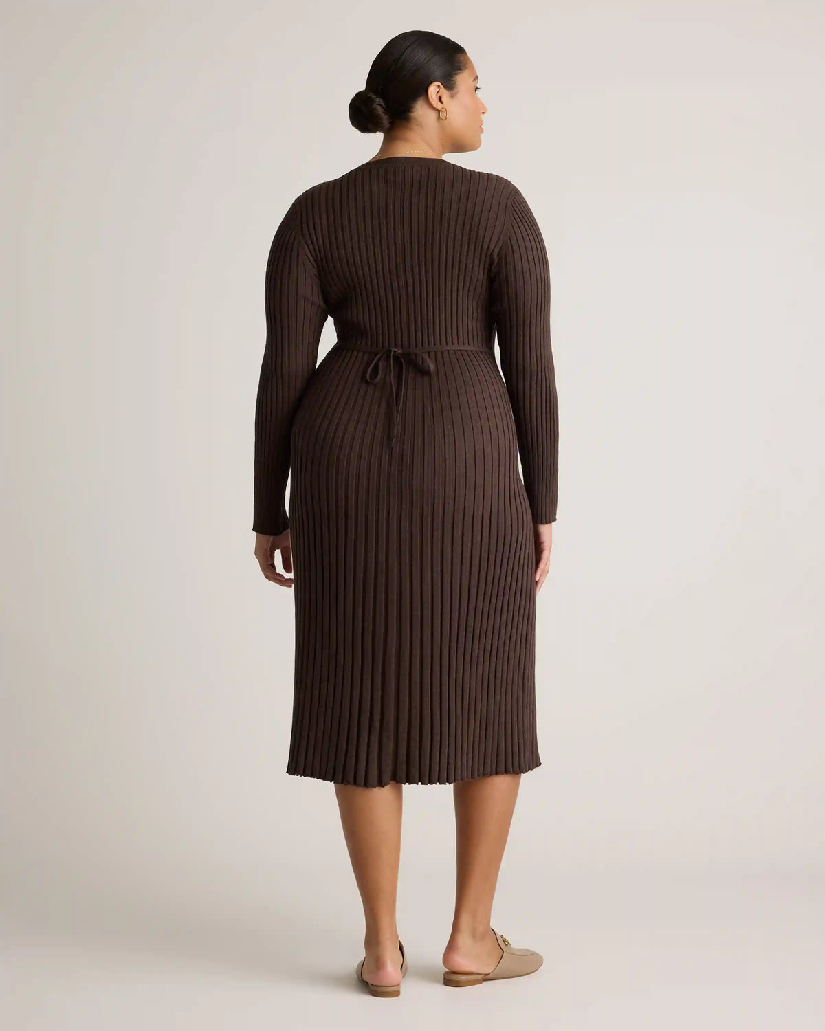 Cotton Cashmere Ribbed Long Sleeve Crew Midi Dress