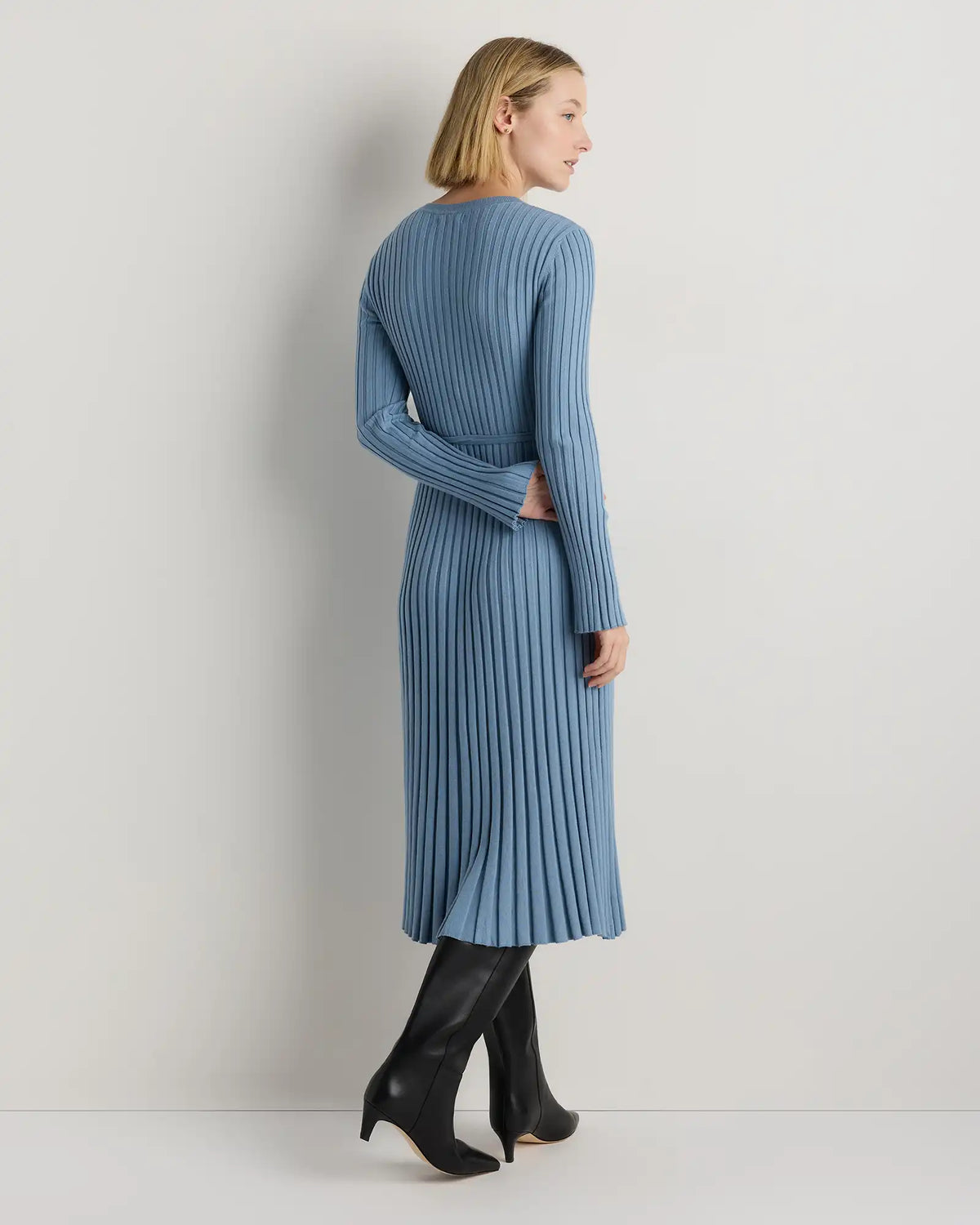 Cotton Cashmere Ribbed Long Sleeve Crew Midi Dress