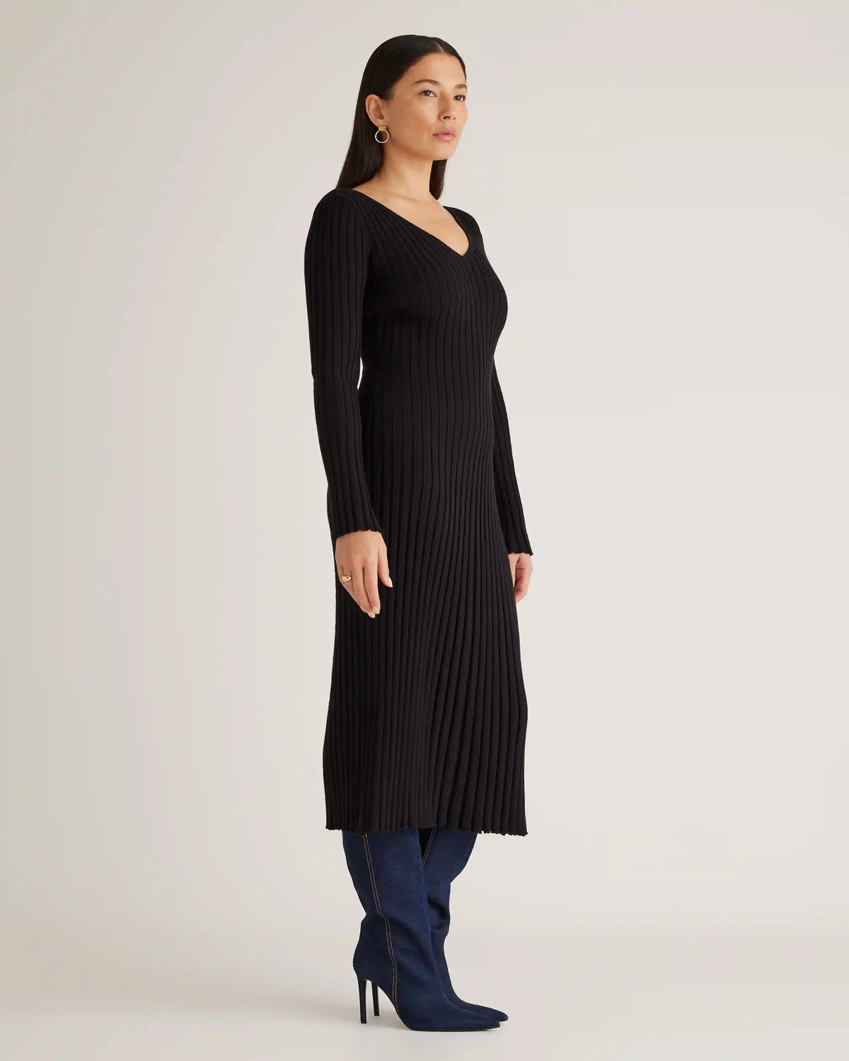 Cotton Cashmere Ribbed Long Sleeve V-Neck Midi Dress