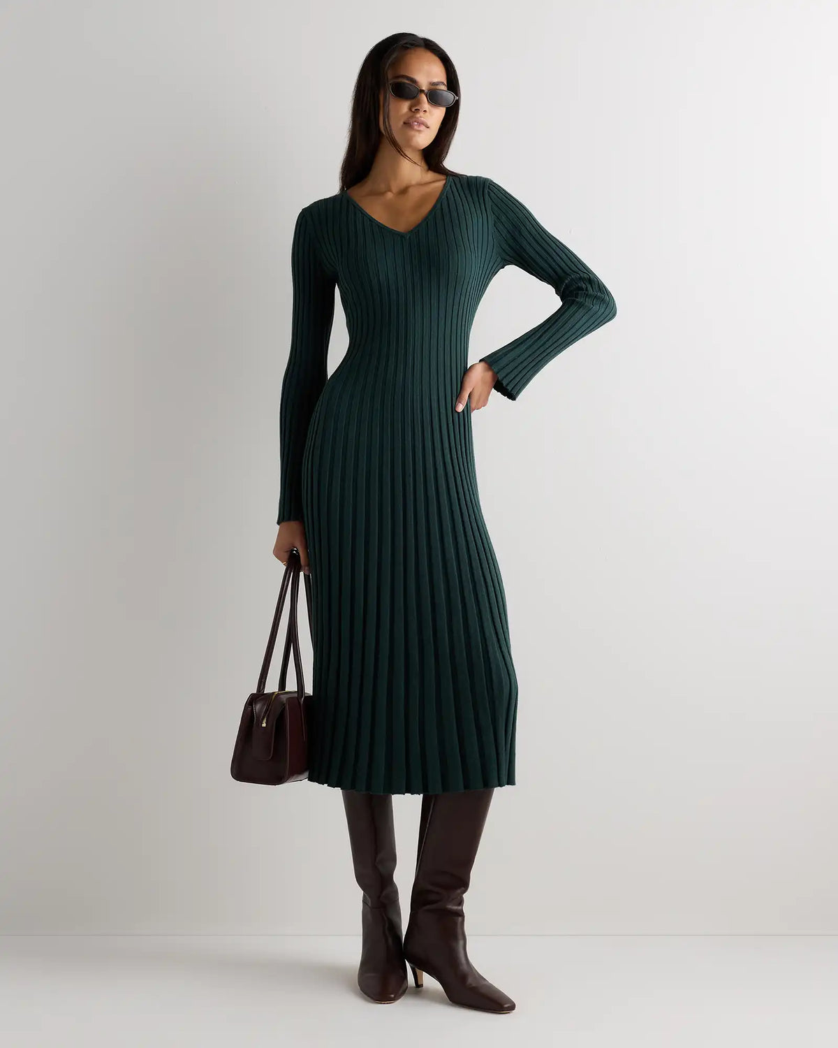 Cotton Cashmere Ribbed Long Sleeve V-Neck Midi Dress