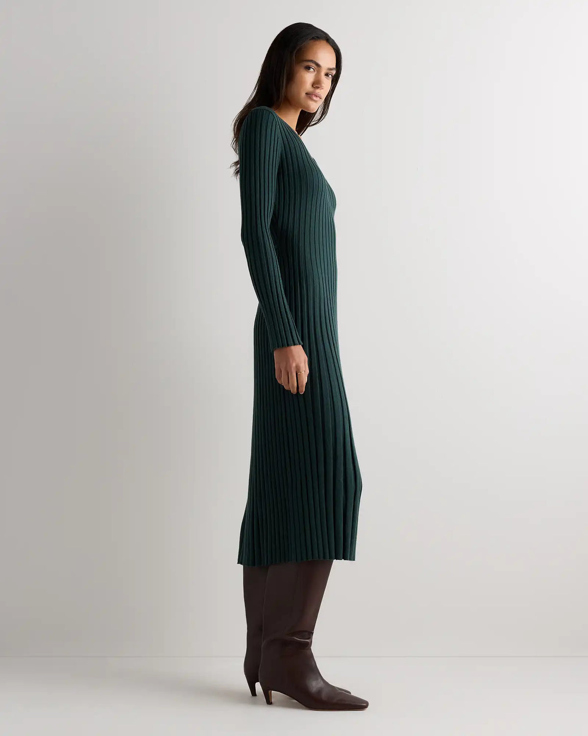 Cotton Cashmere Ribbed Long Sleeve V-Neck Midi Dress