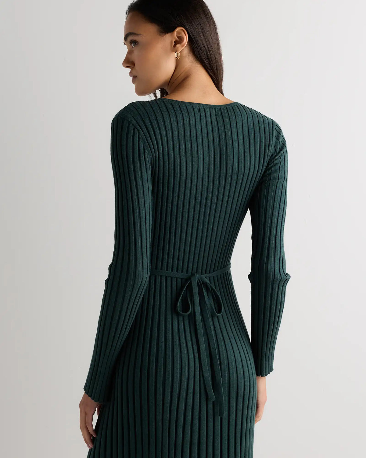 Cotton Cashmere Ribbed Long Sleeve V-Neck Midi Dress