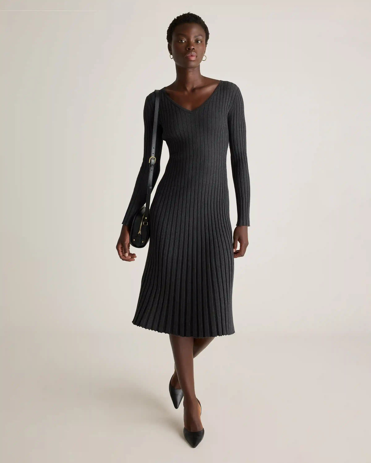 Cotton Cashmere Ribbed Long Sleeve V-Neck Midi Dress