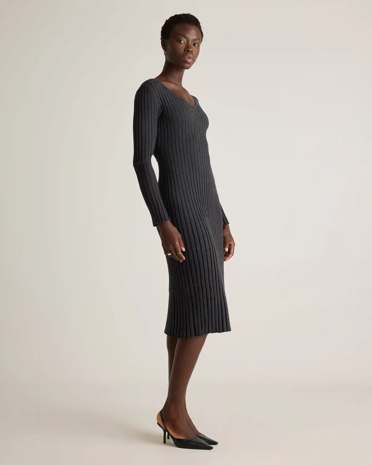Cotton Cashmere Ribbed Long Sleeve V-Neck Midi Dress
