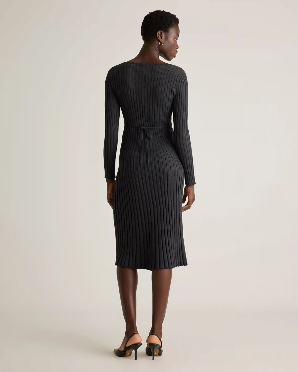 Cotton Cashmere Ribbed Long Sleeve V-Neck Midi Dress