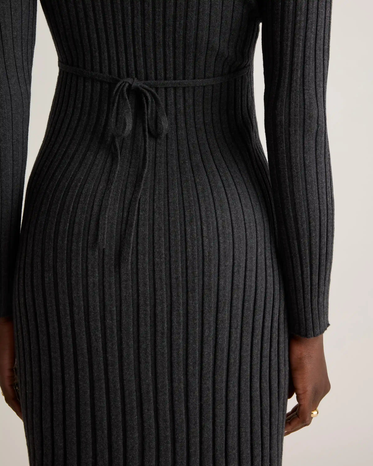 Cotton Cashmere Ribbed Long Sleeve V-Neck Midi Dress