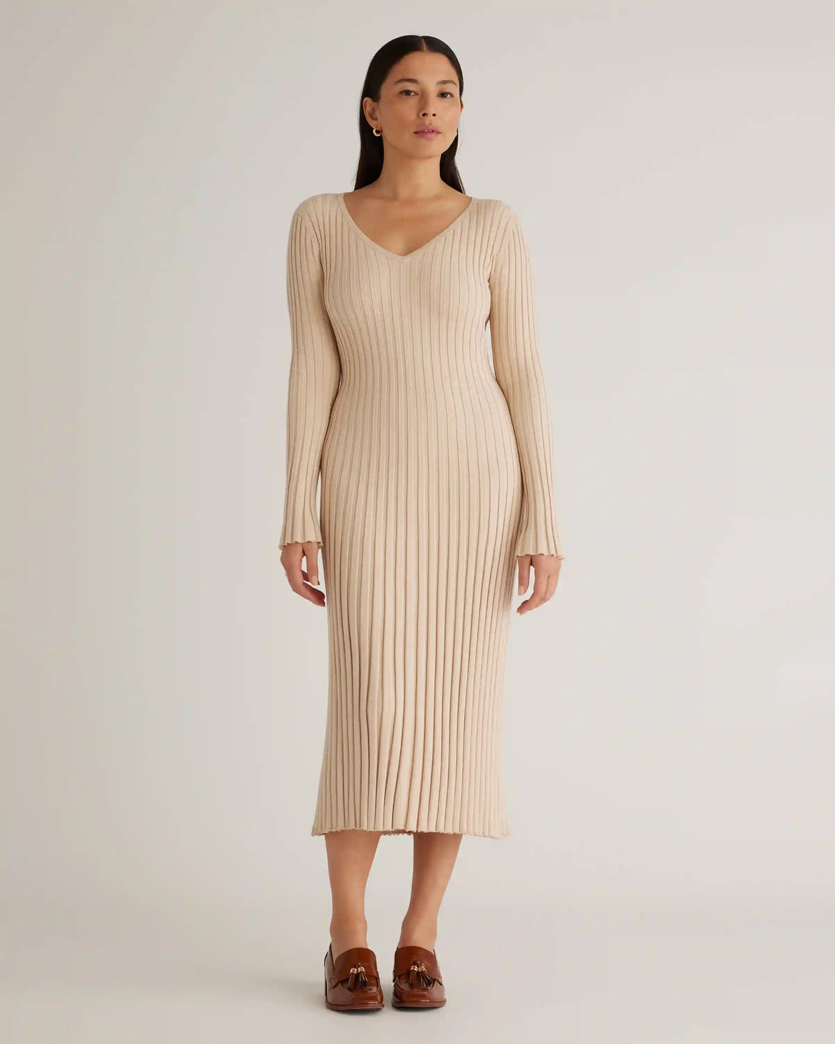 Cotton Cashmere Ribbed Long Sleeve V-Neck Midi Dress