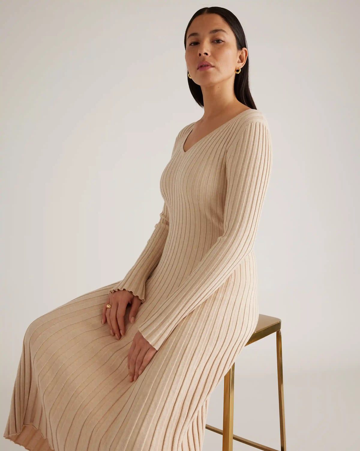 Cotton Cashmere Ribbed Long Sleeve V-Neck Midi Dress