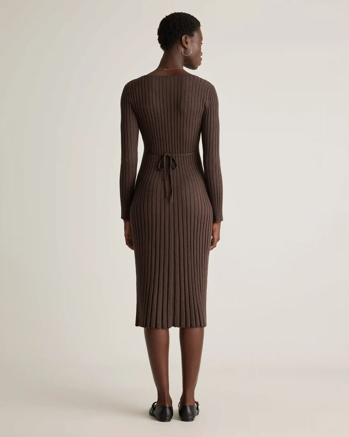 Cotton Cashmere Ribbed Long Sleeve V-Neck Midi Dress