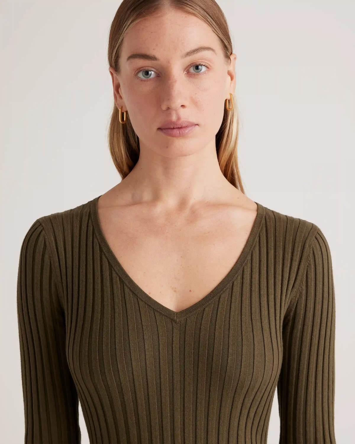 Cotton Cashmere Ribbed Long Sleeve V-Neck Midi Dress