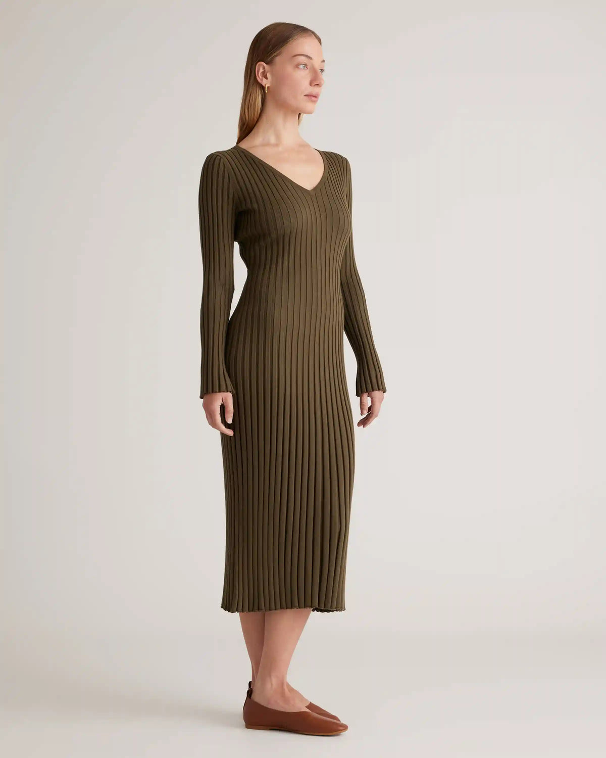 Cotton Cashmere Ribbed Long Sleeve V-Neck Midi Dress