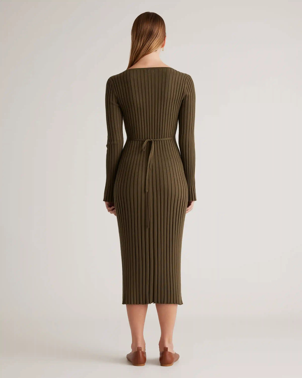 Cotton Cashmere Ribbed Long Sleeve V-Neck Midi Dress
