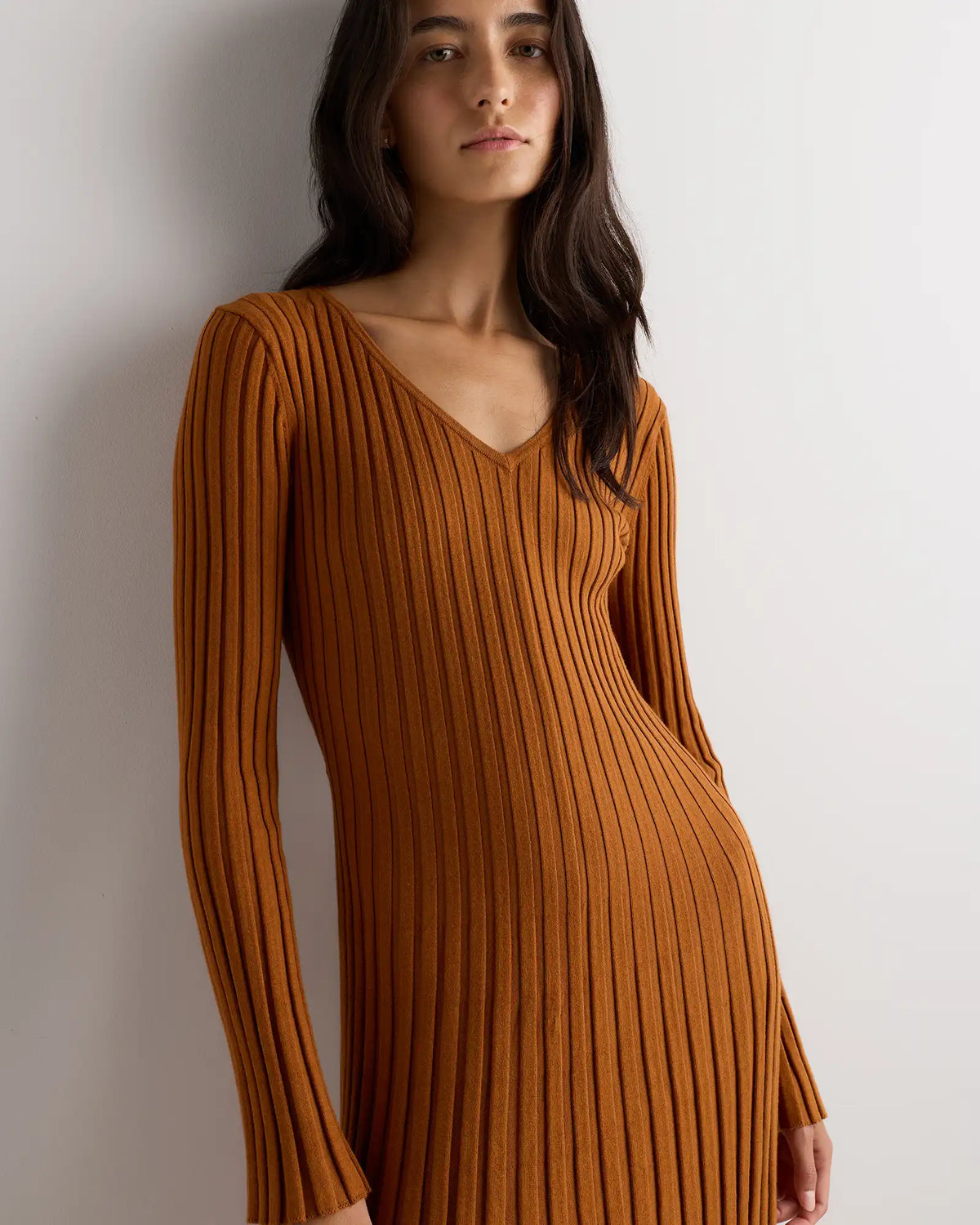 Cotton Cashmere Ribbed Long Sleeve V-Neck Midi Dress