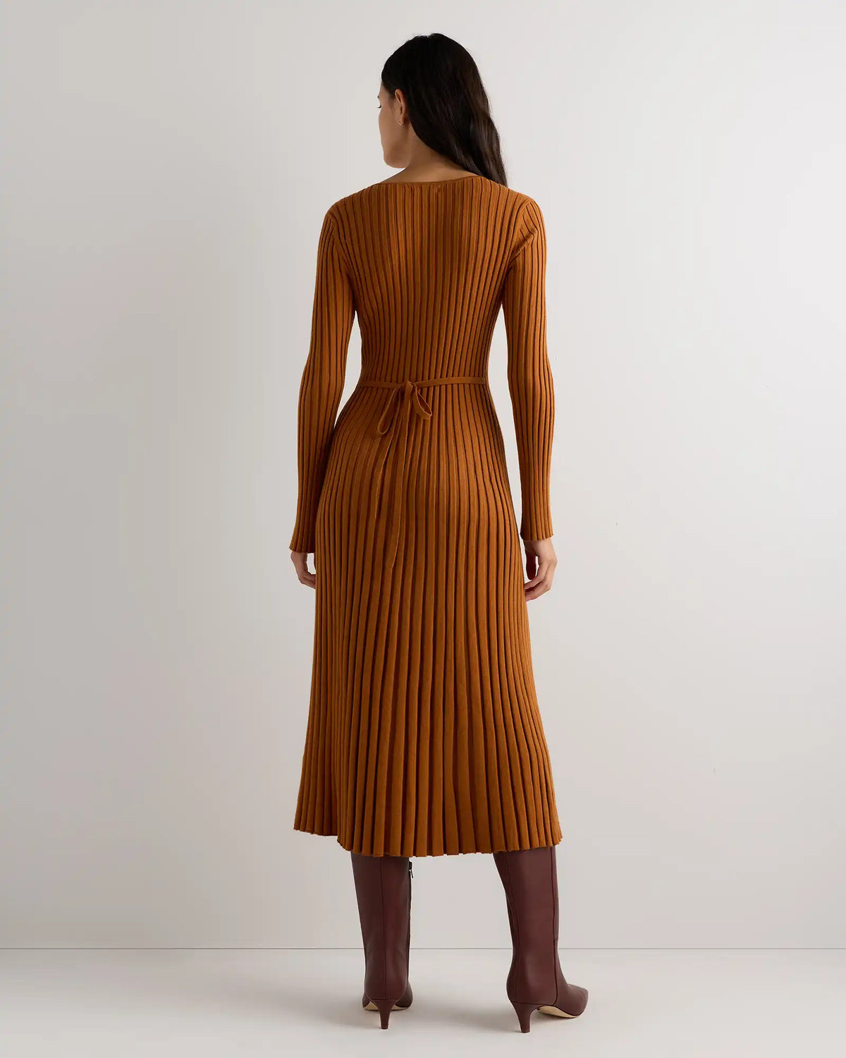 Cotton Cashmere Ribbed Long Sleeve V-Neck Midi Dress
