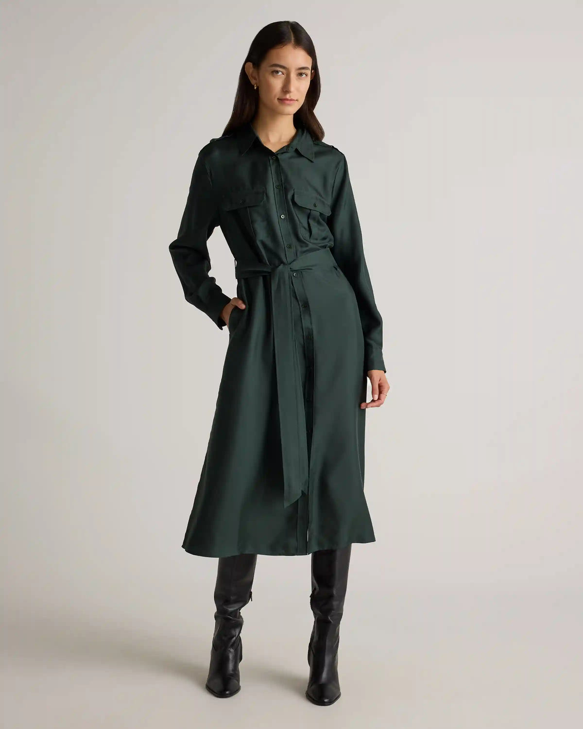 100% Silk Twill Utility Shirt Dress