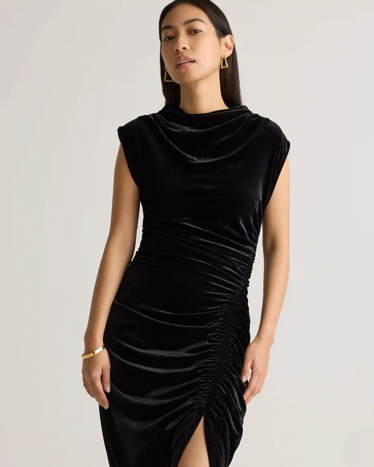 Stretch Silk Velvet Ruched Midi Dress