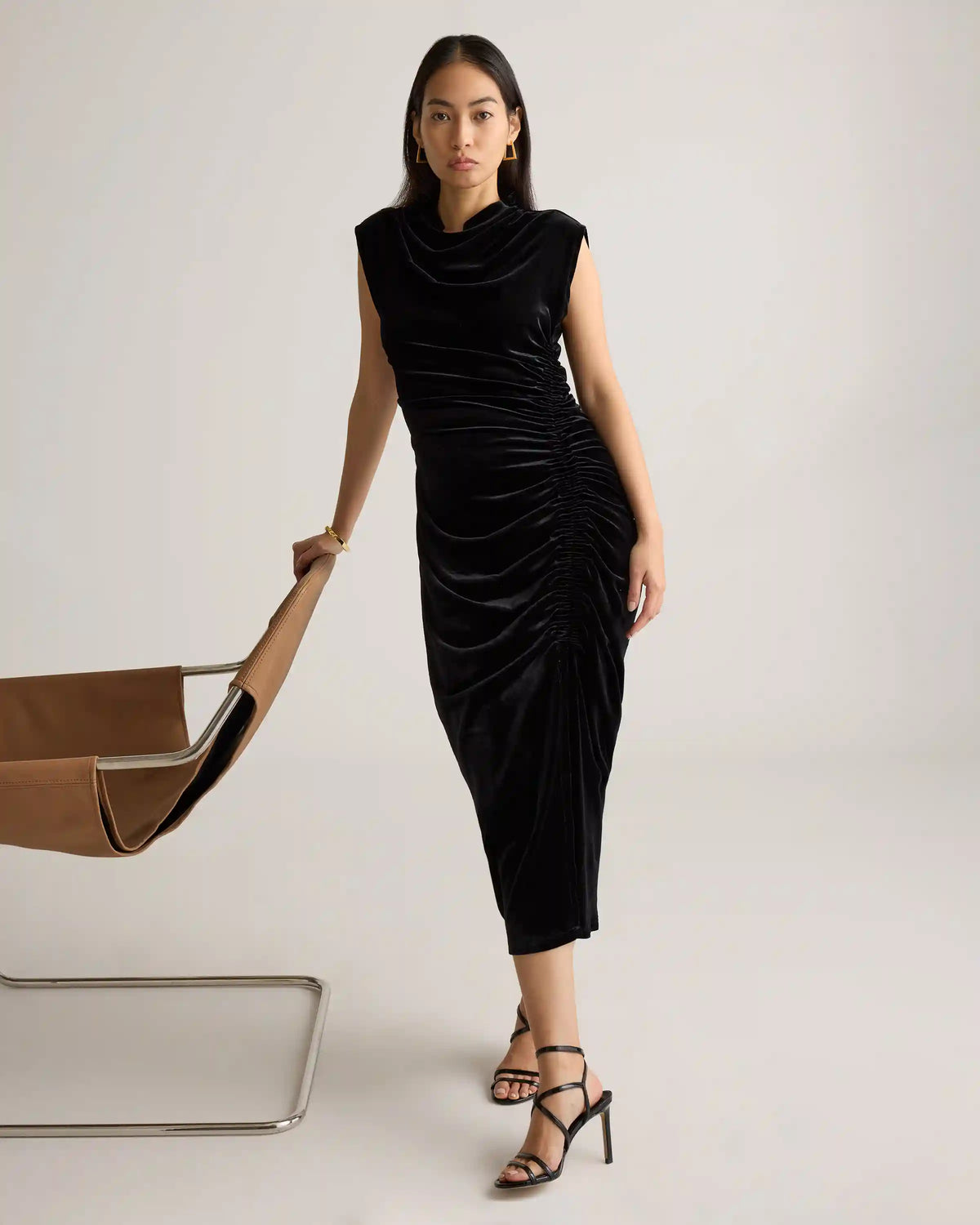 Stretch Silk Velvet Ruched Midi Dress