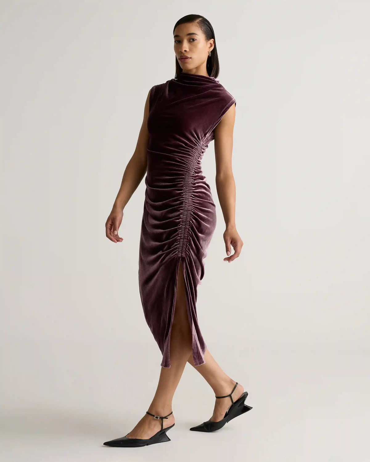 Stretch Silk Velvet Ruched Midi Dress