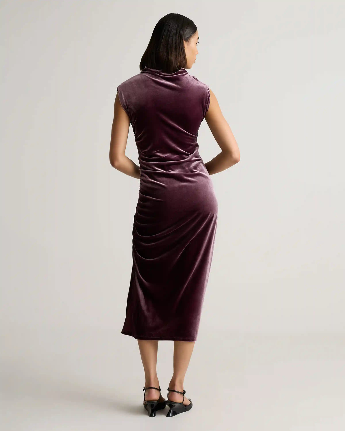 Stretch Silk Velvet Ruched Midi Dress