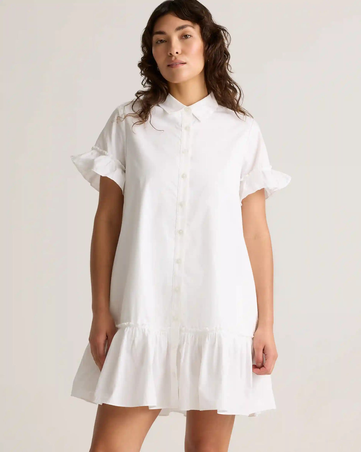 100% Organic Cotton Poplin Short Sleeve Ruffle Shirt Dress
