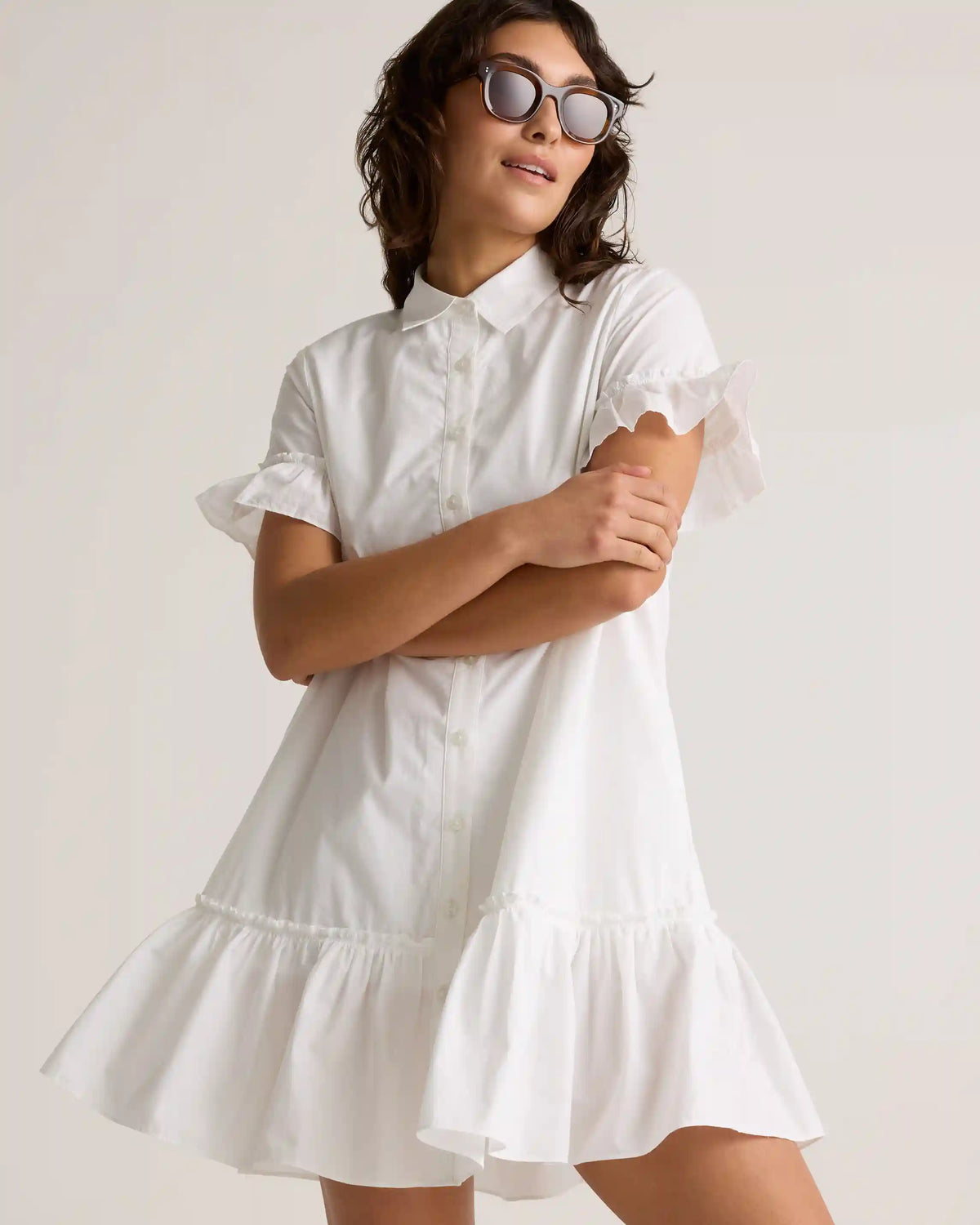 100% Organic Cotton Poplin Short Sleeve Ruffle Shirt Dress