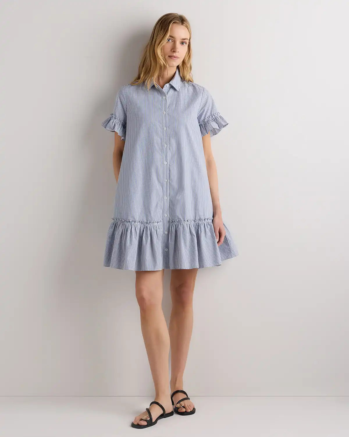 100% Organic Cotton Poplin Short Sleeve Ruffle Shirt Dress
