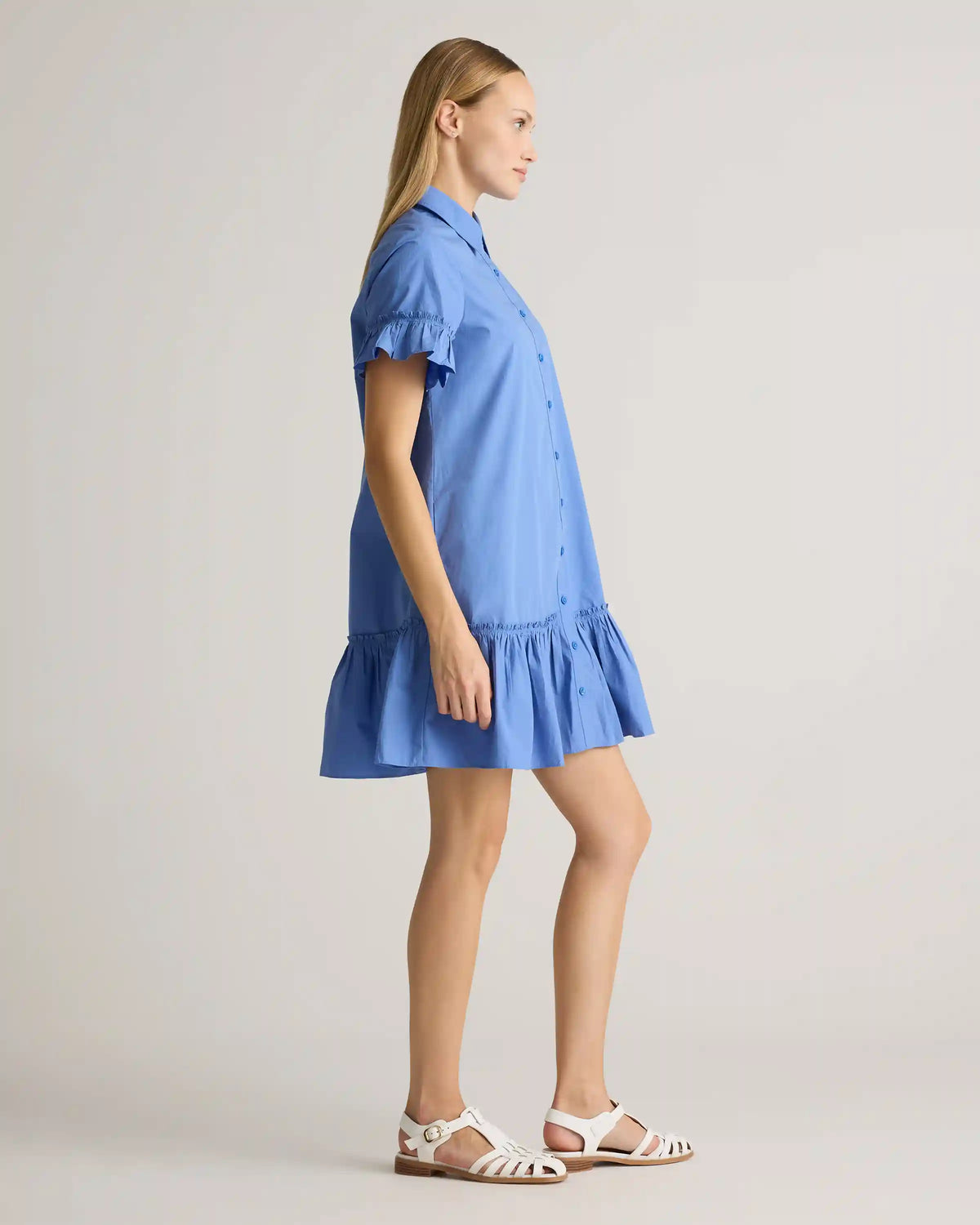 100% Organic Cotton Poplin Short Sleeve Ruffle Shirt Dress