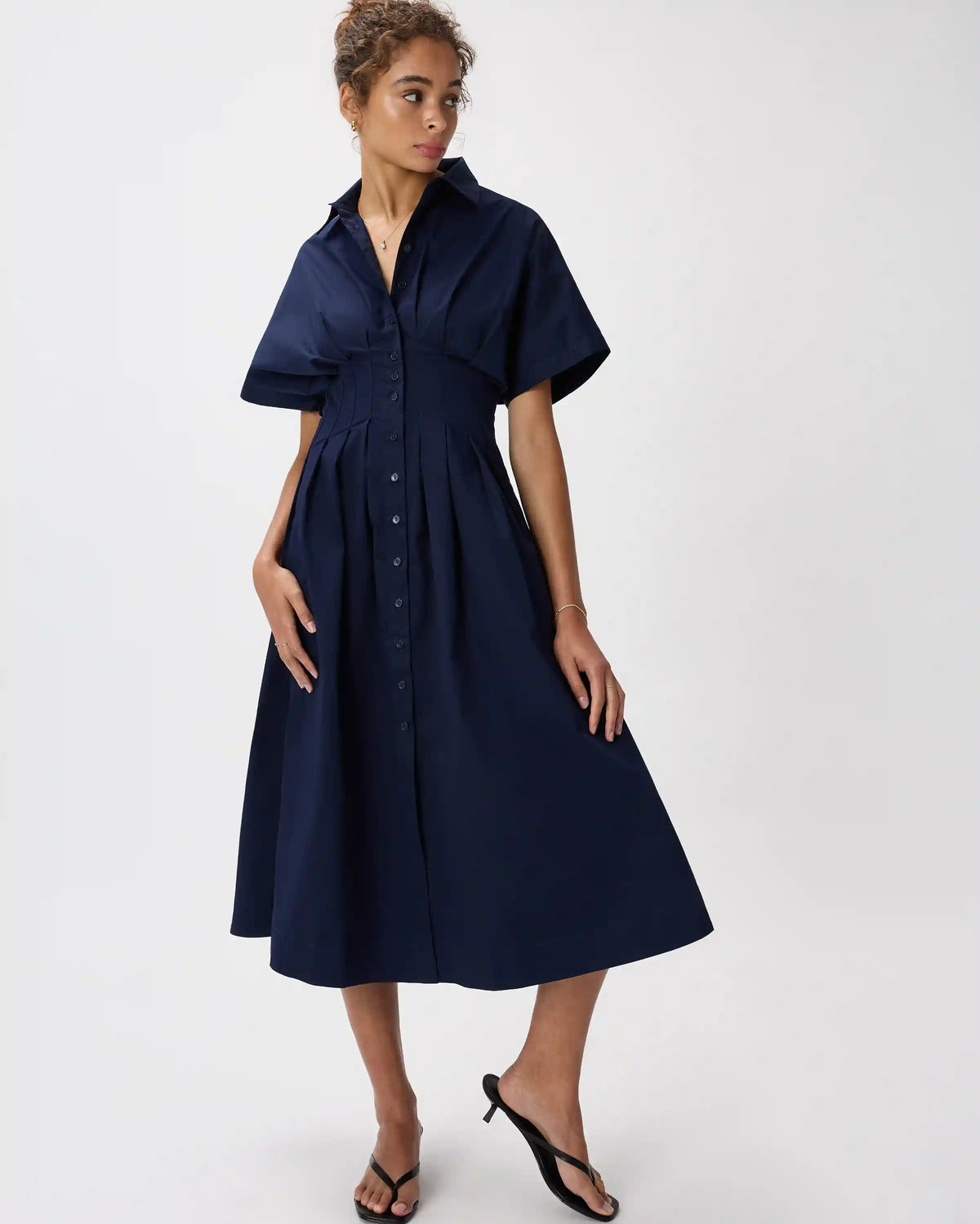 Stretch Twill Pleated Midi Shirt Dress
