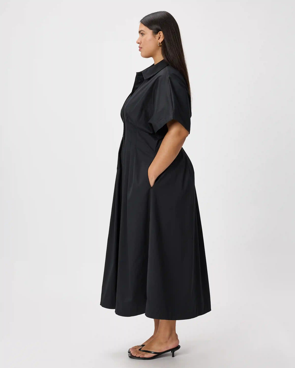 Stretch Twill Pleated Midi Shirt Dress