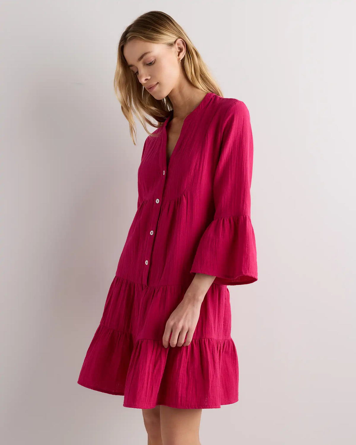 100% Organic Cotton Gauze Long Sleeve Tiered Mini Dress