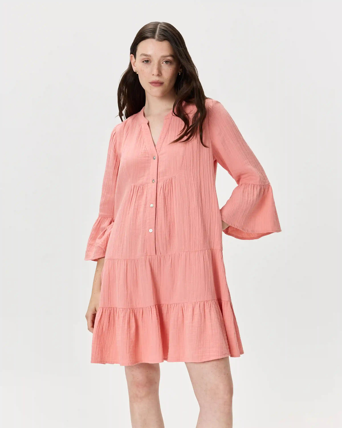 100% Organic Cotton Gauze Long Sleeve Tiered Mini Dress