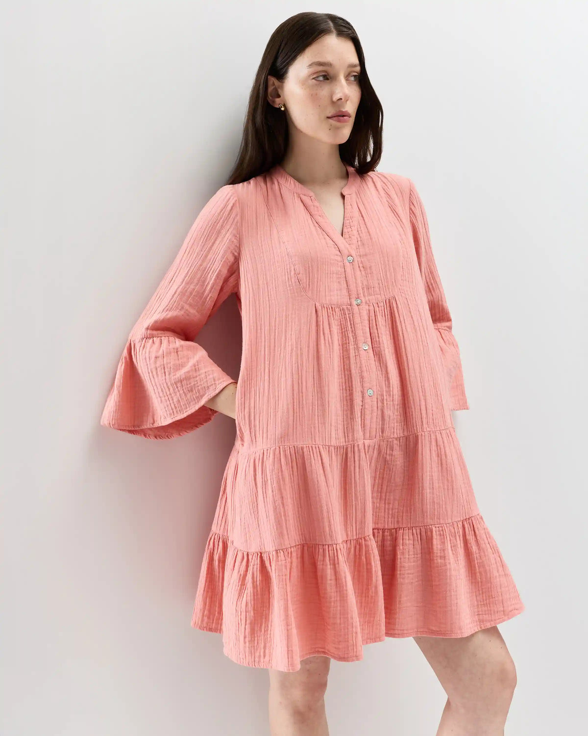 100% Organic Cotton Gauze Long Sleeve Tiered Mini Dress