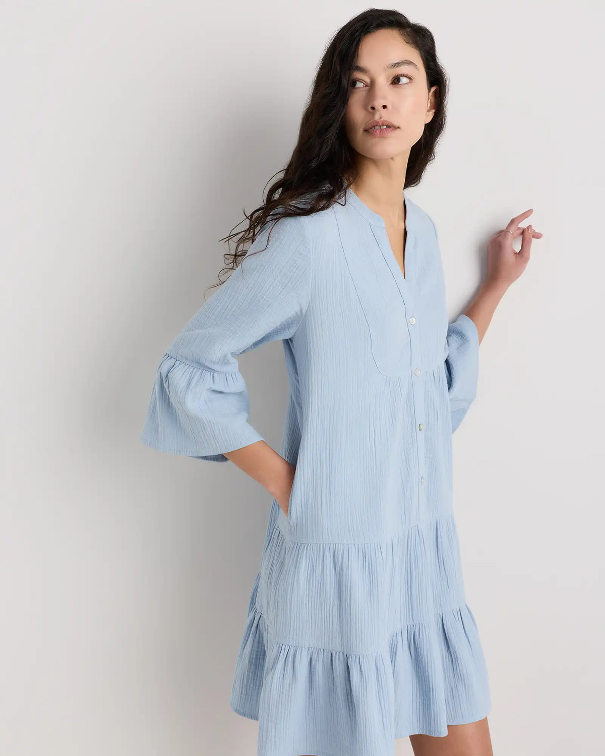 100% Organic Cotton Gauze Long Sleeve Tiered Mini Dress