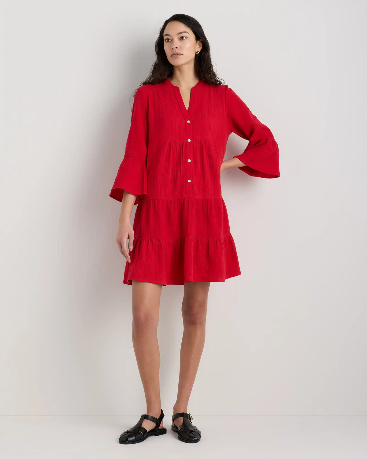 100% Organic Cotton Gauze Long Sleeve Tiered Mini Dress