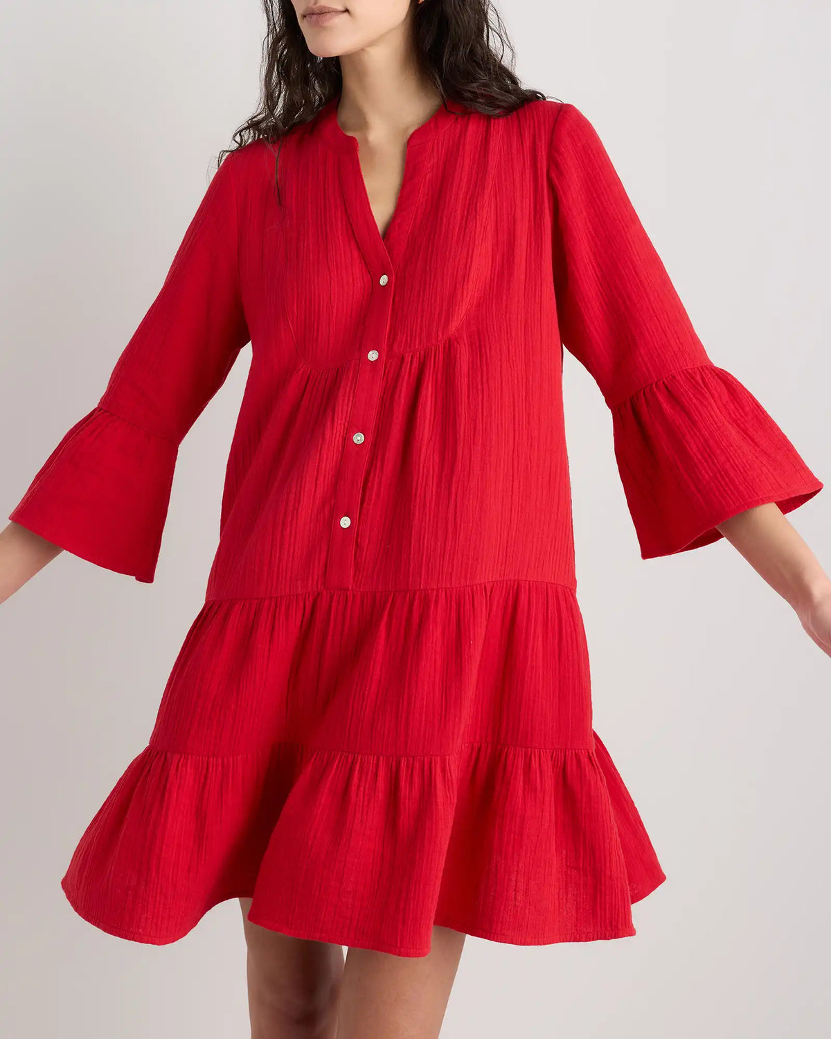 100% Organic Cotton Gauze Long Sleeve Tiered Mini Dress