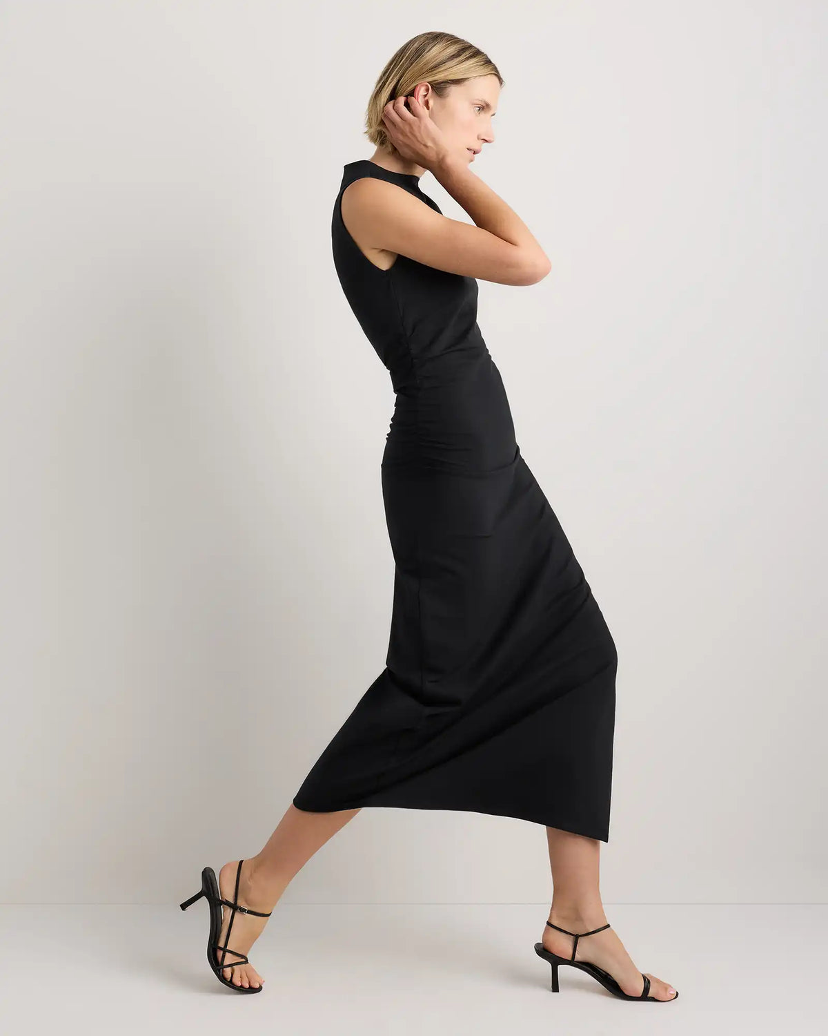 Stretch Cotton Jersey Mock Neck Midi Dress