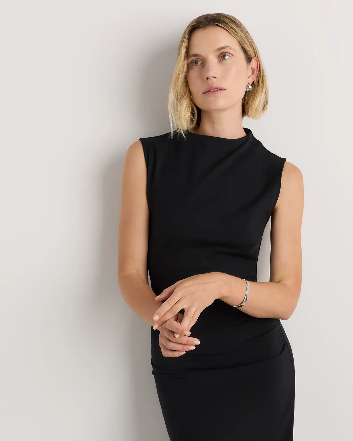 Stretch Cotton Jersey Mock Neck Midi Dress
