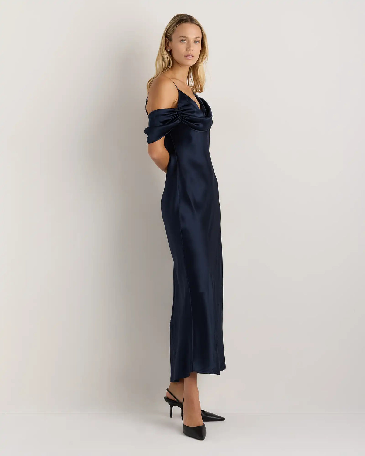100% Washable Silk Draped Shoulder Maxi Dress